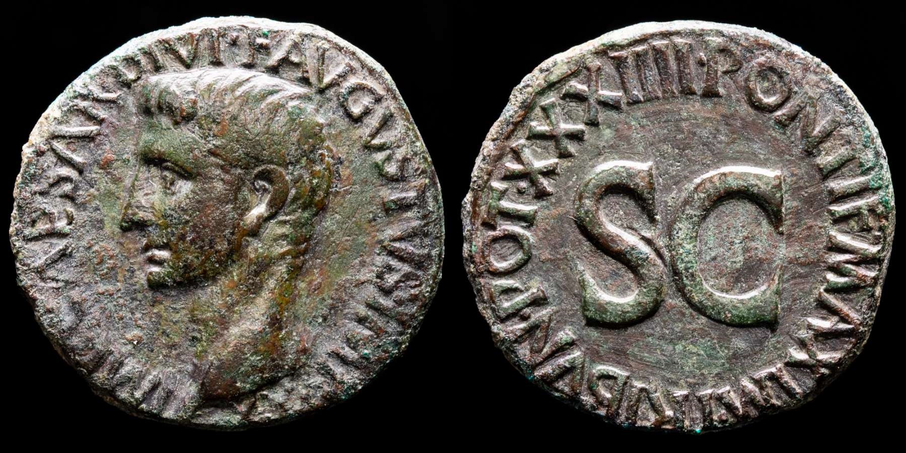 Augustus, (27 AD-14 BC.) Bronze As, Rome, 11-12 A.D. - TRIBVN•POT•XXXIII  PONT MAXIM around large SC.
