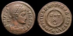 Ancient Coins - Crispus caesar (316-326 AD) Bronze Follis. Ticinum. - DOMINOR • NOSTROR • CAESS. VOT X in two lines; crescent below; all within wreath; QT.