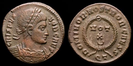 Ancient Coins - Crispus caesar (316-326 AD) Bronze Follis. Ticinum. - DOMINOR • NOSTROR • CAESS. VOT X in two lines; crescent below; all within wreath; QT.