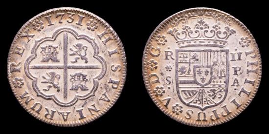 Ancient Coins - Spain - Felipe V (1700-1746)  Silver 2 Reales, Sevilla (S) in the year 1731. Assayer P.A.