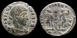 Ancient Coins - Delmatius caesar (335 - 337 A.D.) Bronze follis, Rome. - GLORIA EXERCITVS. Two soldiers. R✩Q.
