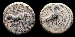 Ancient Coins - Ancient Hispania - Obulco (actual Porcuna, Jaén) Bronze semis. Minted between 200-150 BC. Bull/Eagle