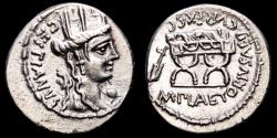 Ancient Coins - M. Plaetorius M.f. Cestianus. Silver denarius. Rome mint, 67 B.C. - Cybele / Curule chair.
