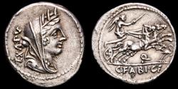 Ancient Coins - C. Fabius C.f. Hadrianus. Silver denarius, Rome, 102 B.C. - Cybele / Victory in biga •Q, stork before.