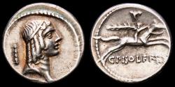 Ancient Coins - C. Calpurnius Piso Frugi. Silver denarius, Rome, 67 B.C. - Horseman right, T above, C PISO L F FRVGI.