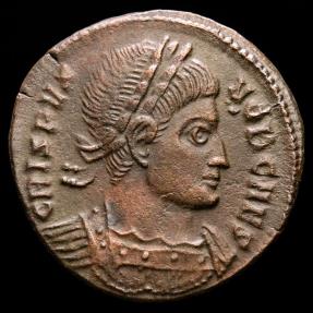 Ancient Coins - Crispus caesar (316-326 AD) Bronze Follis. Ticinum. - DOMINOR • NOSTROR • CAESS. VOT X in two lines; crescent below; all within wreath; QT.