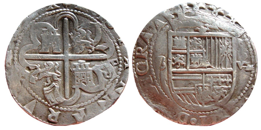 Spain, 8 Reales Silver Coin. Philip Ii. (1556-1598) Seville. Scarce. Vf