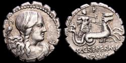 Ancient Coins - Crepereius M. f. Rocus - Silver Serrate denarius. Rome, 72 BC. - Q CREPER M F / ROCVS Neptune in biga of sea-horses.