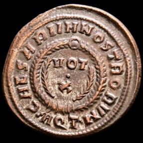 Ancient Coins - Constantine II as caesar (317-337 A.D.) Silvered Bronze follis, Aquileia. - CAESARVM NOSTRORVM - VOT X in laurel wreath; two palms.