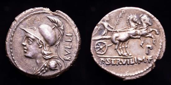 Servilius Inscriptions P. Servilius M. f. Rullus. Silver denarius, Rome, 100 B.C. - Minerva ...