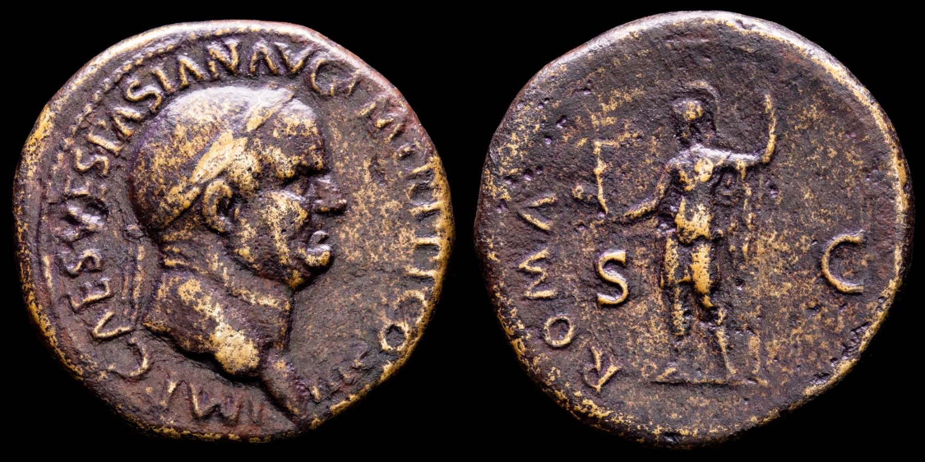 Vespasian (69-79 A.D.). Orichalcum Sestertius. Rome 71 AD. - ROMA S-C. Roma  standing left, holding Victory and spear.