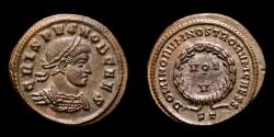 Ancient Coins - Crispus (Caesar, 316-326) Bronze follis. Ticinum, c. AD 321. - DOMINORVM NOSTRORVM CAESS - VOT V in laurel wreath.