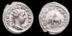 Ancient Coins - Philip I.Silver antoninianus. Commemorating the 1000th anniversary of Rome, AD 249. AETERNITAS AVGG, elephant.
