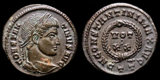Ancient Coins - Constantine I (307-337 A.D.) Æ Bronze Follis. Ticinum AD 321. D N CONSTANTINI MAX AVG, VOT • XX in wreath. TT in exergue.