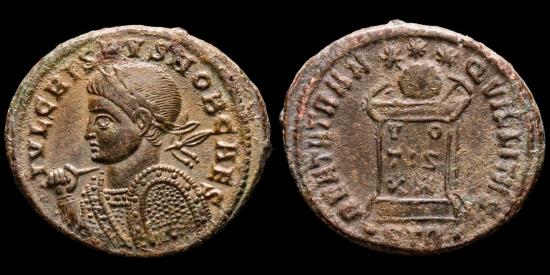 Ancient Coins - Crispus (317-326 A.D.) Bronze follis - Trier, (A.D. 321). BEATA TRAN-QVILLITAS / •STR• Globe set on altar.