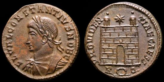 Ancient Coins - Constantius II (Caesar, 324-337 A.D.) Bronze follis. Rome, 326 A.D. PROVIDENTIAE CAESS / R (wreath) Q. Camp gate.