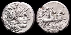 Ancient Coins - C. Porcius Cato. Silver denarius, Rome, 123 B.C. - Victory in biga right C CATO; in ex. ROMA.