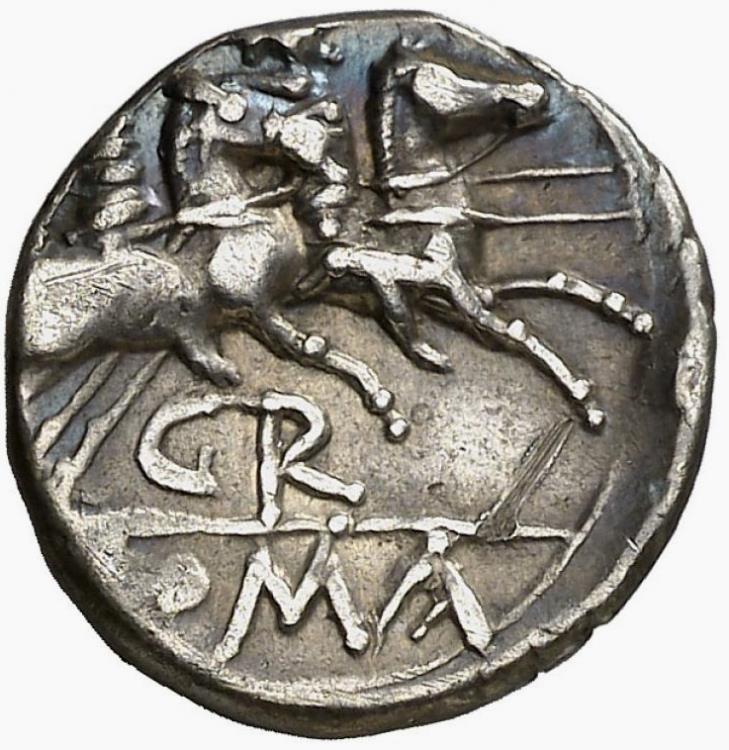 Ancient Coins - Anonymous silver denarius (3,15 g. 20 mm.) , uncertain mint, 199-170 BC.  Dioscuri. GR series. Variant with CR monogram.