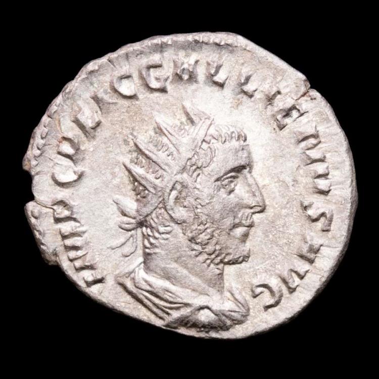 Ancient Coins - Gallienus - Silver Antoninianus -  Rome 253 A.D. - P M TR P II COS P P Virtus (Mars) to left, holding shield and spear.