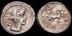 Ancient Coins - C. Fabius C.f. Hadrianus. Silver denarius, Rome, 102 B.C. - Cybele / Victory in biga •Q•, stork before.