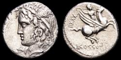 Ancient Coins - L. Cossutius C.f. Sabula, silver denarius, Rome in 74 B.C. - Medusa / Bellerophon riding Pegasus.