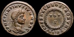 Ancient Coins - Constantine II (Caesar, 316-337). Bronze follis, Siscia. - CAESARVM NOSTRORVM / ASIS star. VOT / V in two lines within wreath.