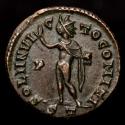 Ancient Coins - Rare Constantine I Æ Follis. Ticinum, AD 317-318. SOLI INVICTO COMITI, Sol, holding globe; P in left field, ST in exergue.
