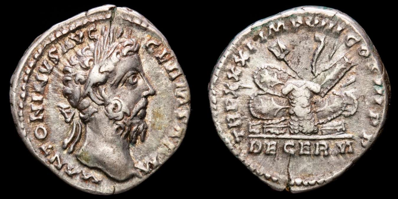 Marcus Aurelius (AD 161-180.) Silver denarius, Rome. TR P XXXI IMP
