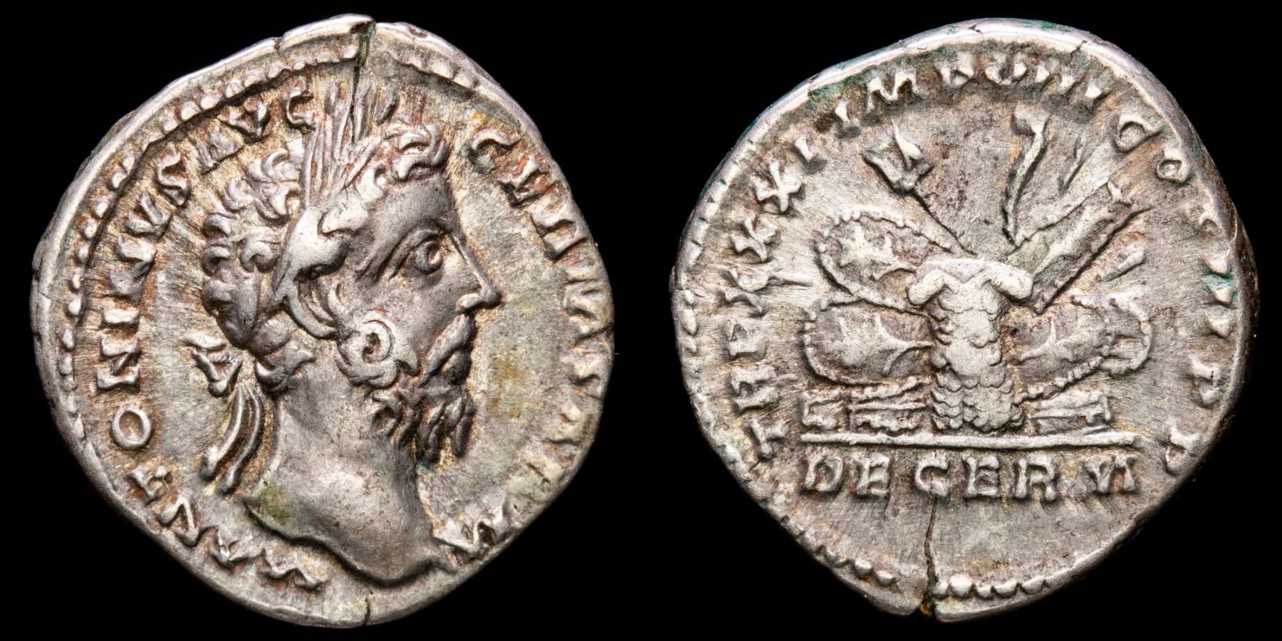 Marcus Aurelius (AD 161-180.) Silver denarius, Rome. TR P XXXI IMP
