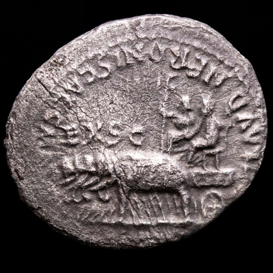 Nero, with Agrippina II. Silver Denarius, AD 54-68. Rome, AD 55. - Augustus  and Claudius seated on a cart drawn by four elephants.