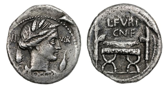 Ancient Coins - L. Furius Brocchus AR Denarius. Rome, 63 BC.
