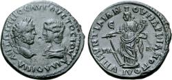 Ancient Coins - Caracalla, with Julia Domna, Æ 5 Assaria of Marcianopolis, Moesia Inferior. Quintillianus, legatus consularis. AD 215.