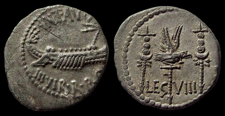 Marc Antony AR Legionary Denarius. 44-30BC. Patrae Mint. Legio VIII.