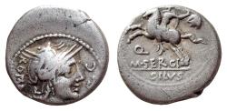 Ancient Coins - AR Denarius of M. Sergius Silus 116-115 BC., Roman Republic, "Soldier on horseback, holding sword & severed head of barbarian", Crawford 286/1