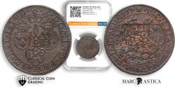 World Coins - CCG Certified! NETHERLANDS. Copper Jeton, 1597. Dordrecht. Battle of Turnhout