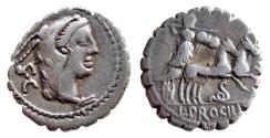 Ancient Coins - AR Denarius of L. Procilius 80 BC., Roman Republic, "Juno Sospita driving galloping biga", Crawford 379/2