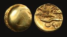 Ancient Coins - GAUL, Morini ,very rare , exceptional sharp AU-grade example , gold quarterstater , Delestree DT 253 ,during Gallic War against Julius Caesar