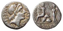 Ancient Coins - AR Denarius of C. Malleolus, A. Albinus Sp.f. and L. Caecilius Metellus 96 BC., Roman Republic, "Roma seated on pile of shields, crowned by Victory", Crawford 335/1b (star)