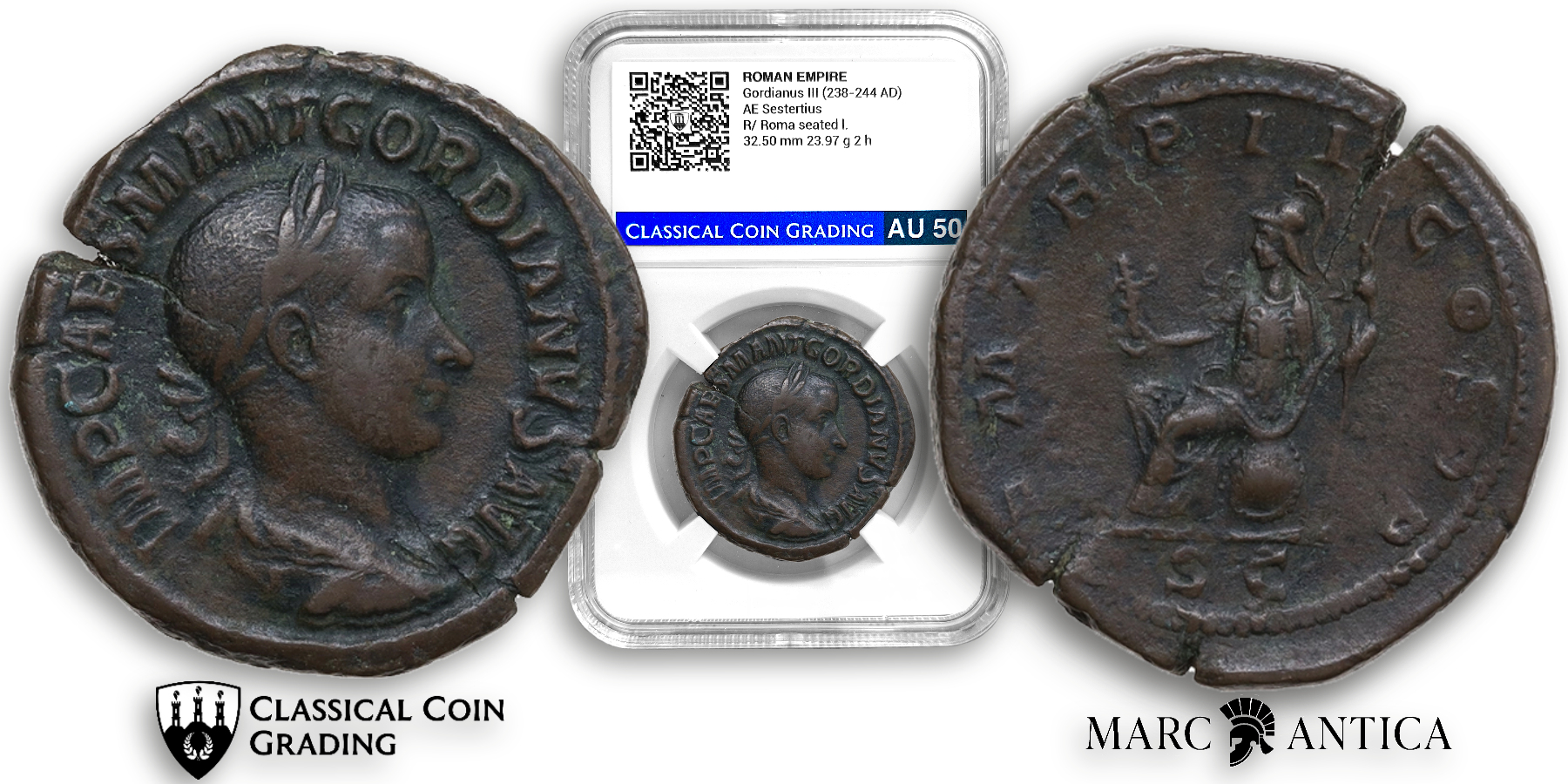 CCG Certified! AE Sestertius, Gordian III, Rome: P M TR P II COS