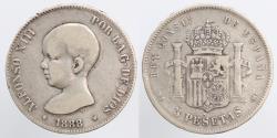 Ancient Coins - Spain Kingdom 1888 MPM 5 Pesetas - Alfonso XIII (1st portrait) Silver (.900)
