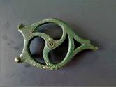 Ancient Coins - Large fragment of a Bronze Celtic applique with a triskele as motif, beautiful green patina!