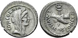 Ancient Coins - The Roman Republic. L. Mussidius Longus. AR Denarius (3.95gr). Rome, 42 BC.
