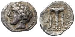 Ancient Coins - Macedonia, Chalkidian League. Silver Hemiobol (0.29 g), ca. 398-352 BC