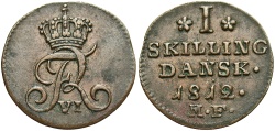 World Coins - Denmark. Frederick VI. 1812-MF. 1 skilling. EF.