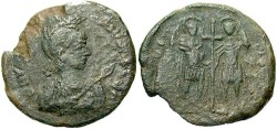 Ancient Coins - Theodosius II. A.D. 402-450. Æ maiorina. Constantinople, A.D. 437(?). VF, green patina. Very rare.