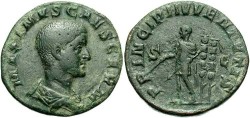 Ancient Coins - Maximus. Caesar, A.D. 236-238. Æ sestertius. Rome, A.D. 236-237. VF, mottled grey-green patina.