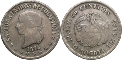 World Coins - Columbia. 1874. 50 Centavos. Near VF, toned.