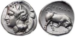 Ancient Coins - Lucania, Thourion. Silver Double Nomos (15.66 g), ca. 400-350 BC. NGC grade Ch F; Strike: 5/5, Surface: 3/5. Fine style.
