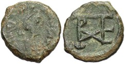 Ancient Coins - Justinian I. 527-565. Æ pentanummium. Cherson. VF, green patina. Strong monogram.