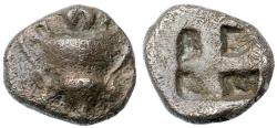 Ancient Coins - Cyclades, Naxos. Silver Trihemiobol (0.91 g), ca. 520-490 BC Kantharos.